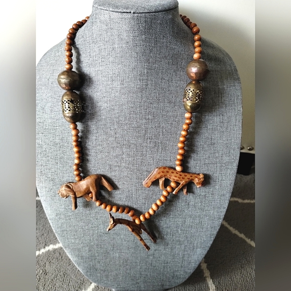 Vintage Exotic Wooden Carved Safari Necklace